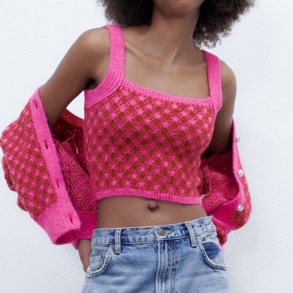 NWT Zara Pink Check Knit Wool Blend Crop Top Size S - Picture 6 of 12